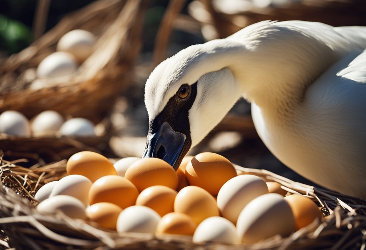 A goose is laying eggs in a nest, surrounded by a variety of nutritious foods for feeding and nutrition