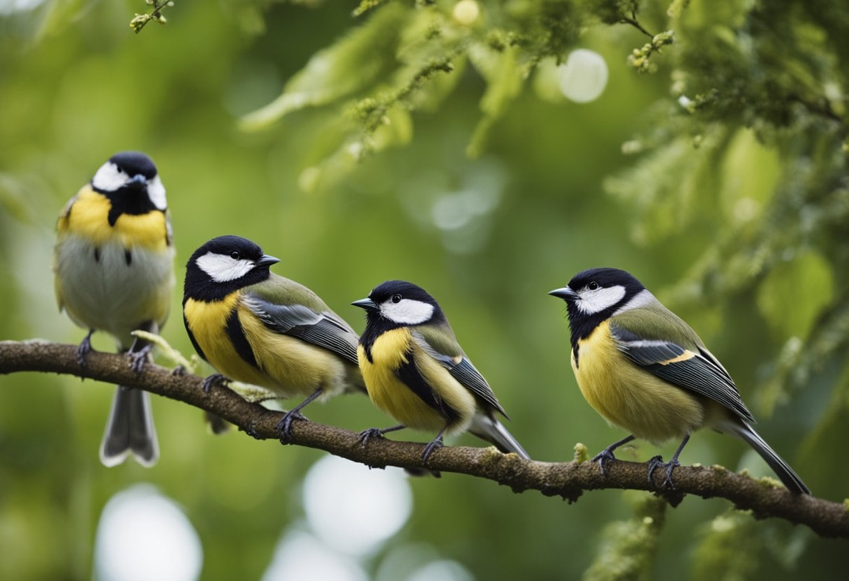 A group of tit birds perched on tree branches, singing and flitting about