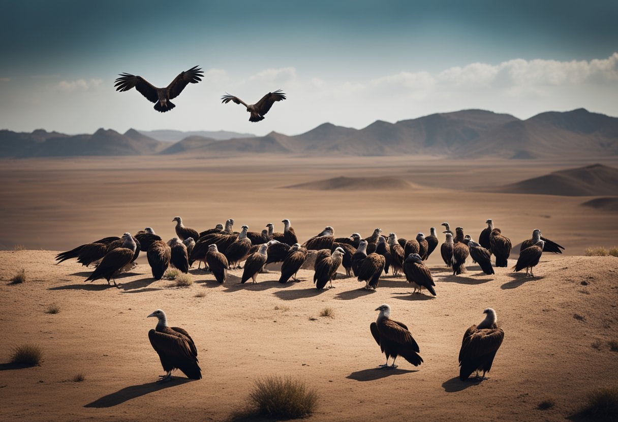 Vultures circle above a desolate landscape, eyeing their surroundings with a sense of predatory intent