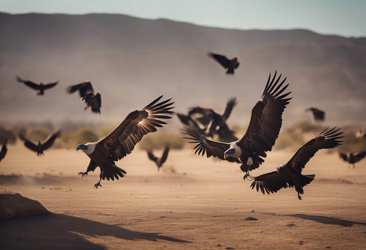 A group of vultures circles above a barren landscape, their sharp beaks and piercing eyes giving off an aura of menace