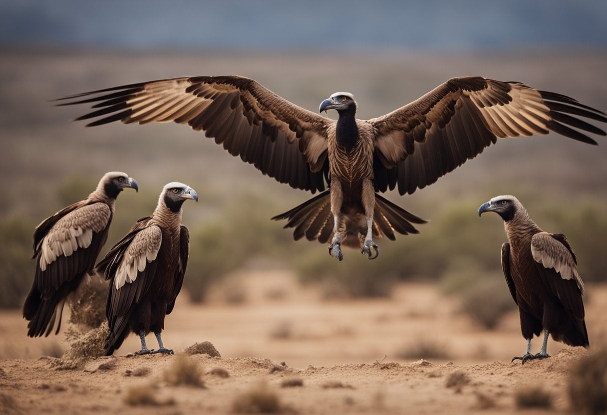 Vultures circle above a barren landscape, their sharp beaks and piercing eyes conveying a sense of danger