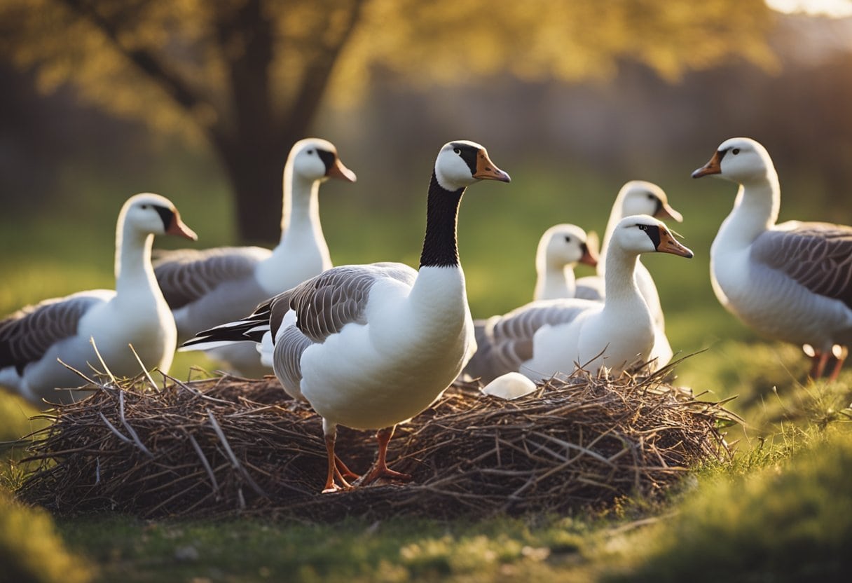 Geese gather around a nest, tucking eggs under their warm bodies. Others watch and communicate with honks and head movements