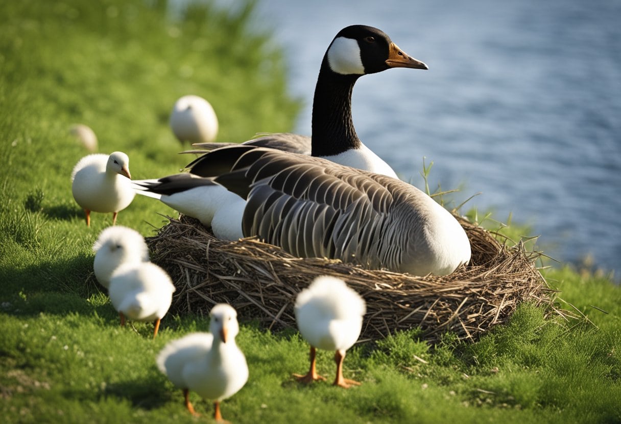 Geese lay eggs in a grassy nest near water. Some species mate for life, while others form new pairs each year. The female incubates the eggs, while the male stands guard