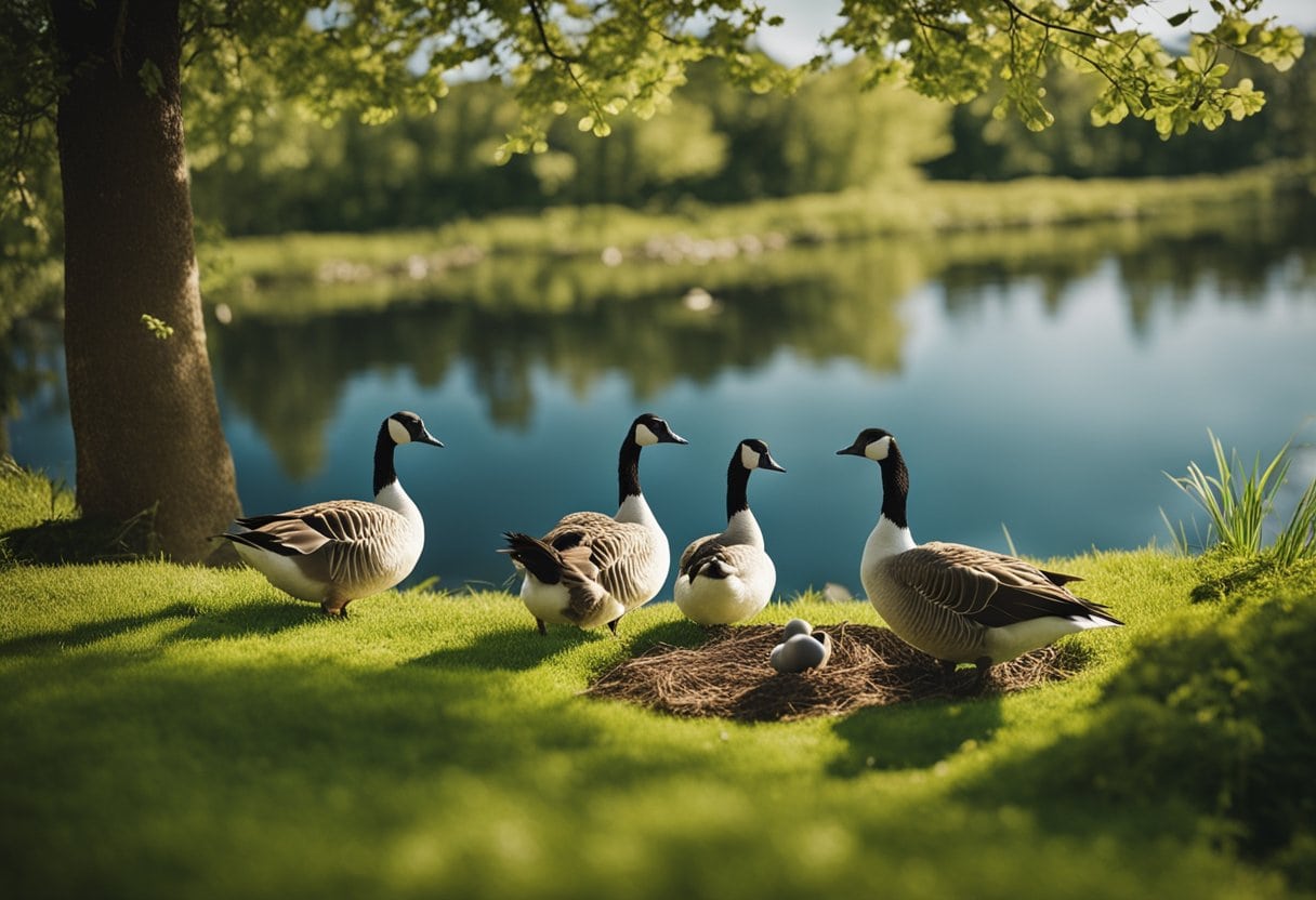 A flock of geese gathers near a tranquil pond, with one goose diligently tending to her nest on the grassy bank, surrounded by a few freshly laid eggs