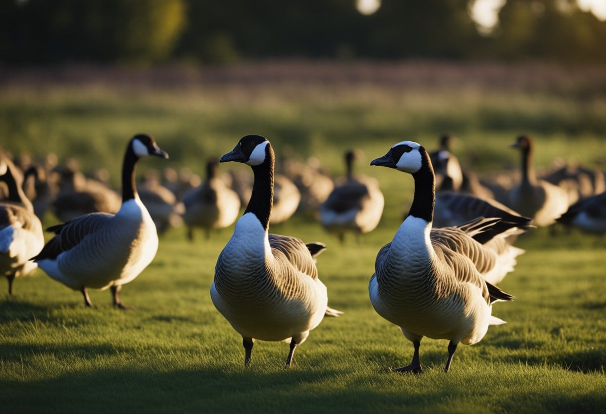 Geese gather in a grassy field at dusk, nestled together for warmth and safety. The moonlight illuminates their peaceful slumber