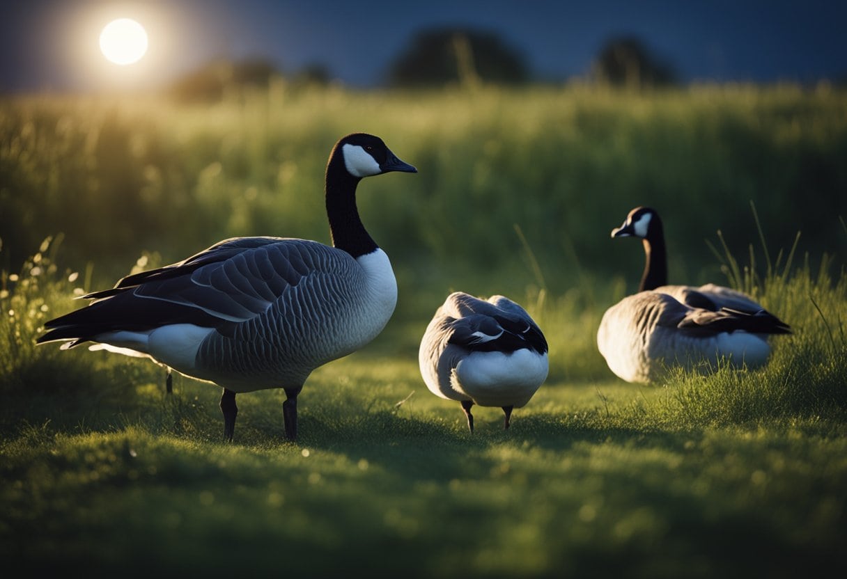 Geese resting in a grassy field under the moonlight