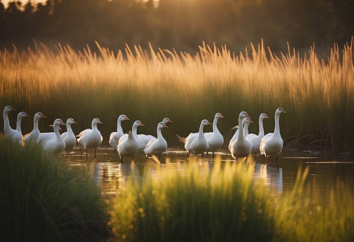 A group of geese settles down in a marshy area, nestled among tall grasses and reeds, as the sun sets behind them