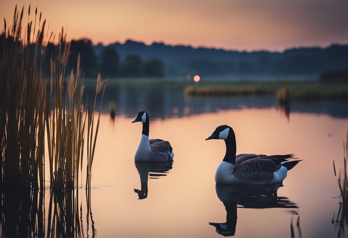 A serene lake at dusk, with a group of geese nestled together on the shore, surrounded by tall reeds and a starry night sky above