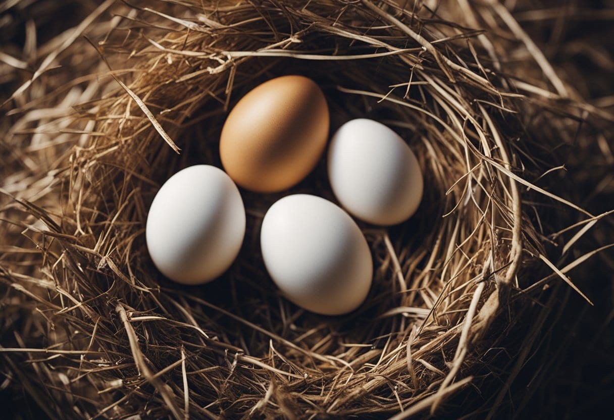 Geese eggs in a nest, warm and protected. One egg begins to crack, revealing a tiny beak poking through. Other eggs show signs of hatching