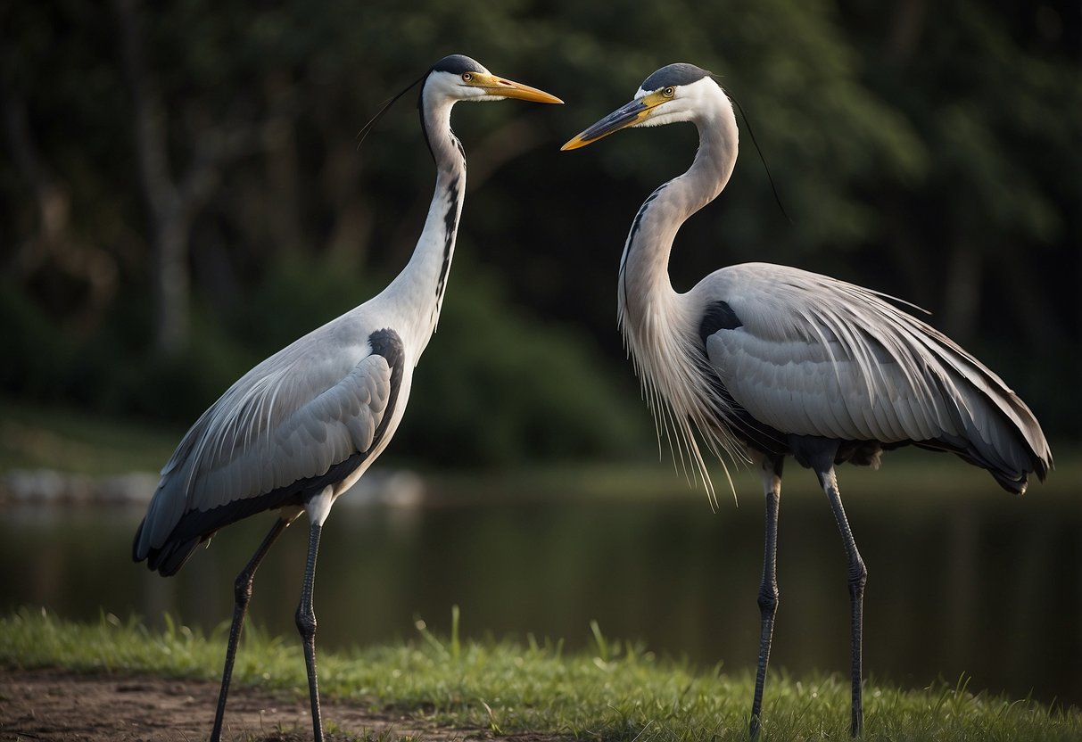 A crane and a heron stand side by side, showcasing their different physical features. The crane's long legs and neck contrast with the heron's shorter, stouter build