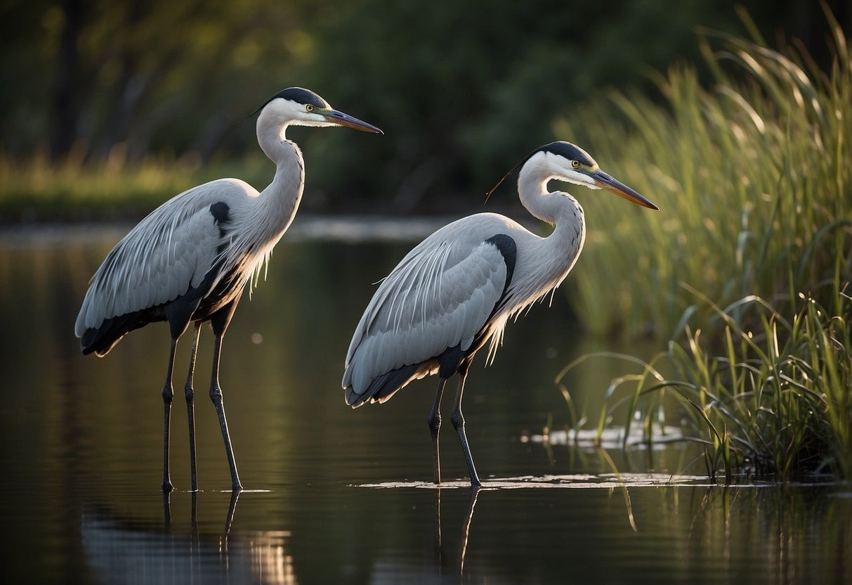 A crane and a heron stand at the water's edge, their long legs and graceful necks contrasting against the serene backdrop of a marshy wetland