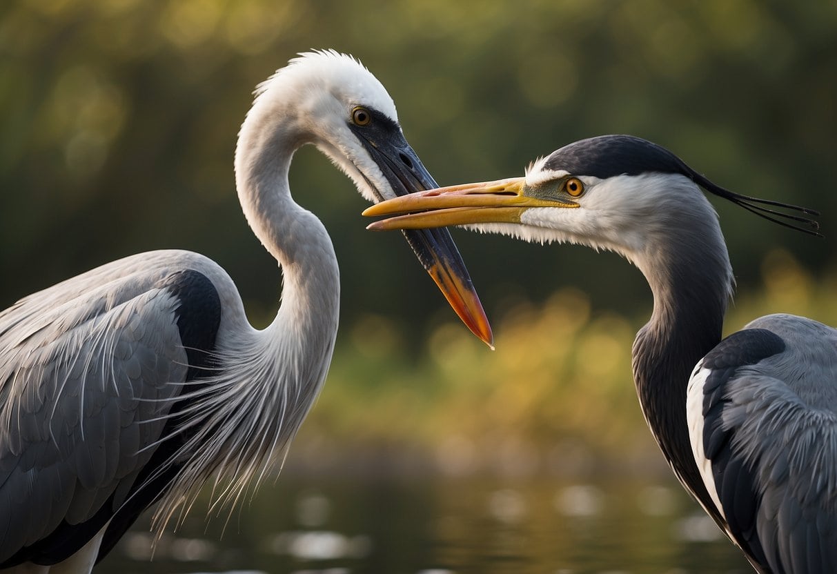 A crane and a heron face each other, beaks pointed and wings spread, ready to engage in a territorial dispute
