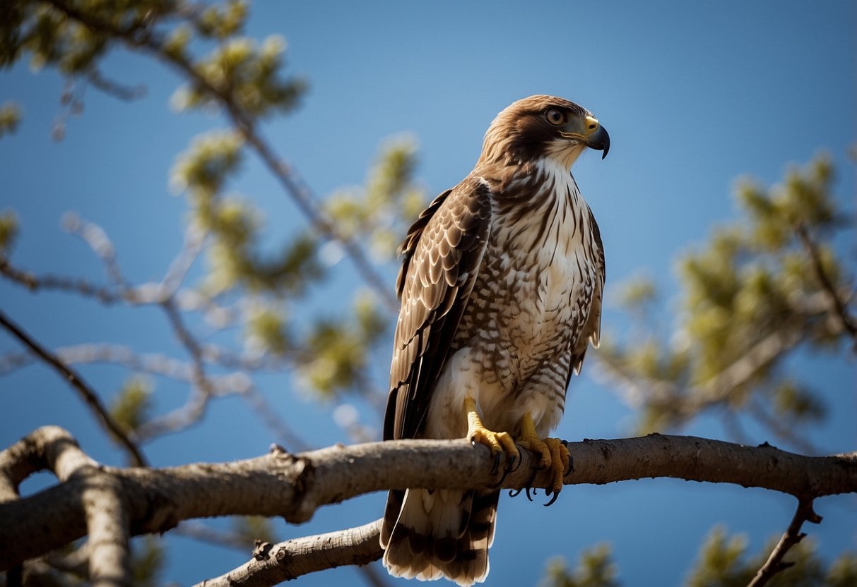 A hawk perched on a tree branch, its beak open in a screech, with a backdrop of a clear blue sky and a few clouds
