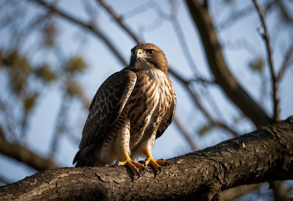 A hawk perched on a tree branch, its beak open wide as it emits a piercing screech, its sharp eyes scanning the surroundings