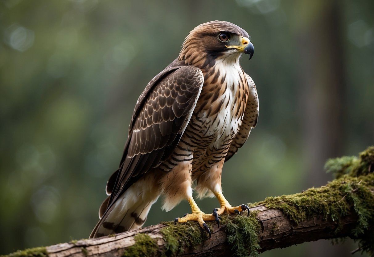 A hawk perches on a branch, its sharp eyes scanning the ground. It suddenly screeches, its powerful wings spread wide as it takes flight