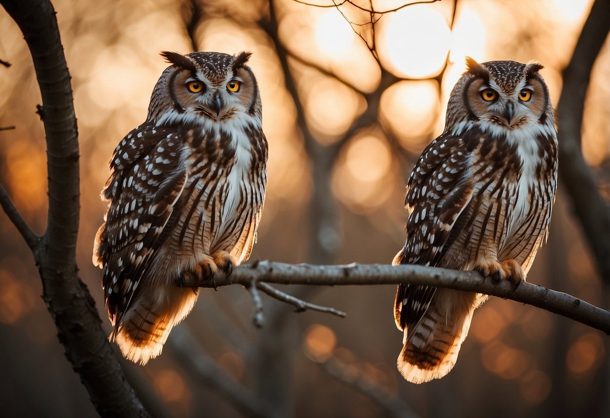 Owls perch on leafless branches, illuminated by the soft glow of the setting sun, as the cool breeze of autumn rustles through the bare trees