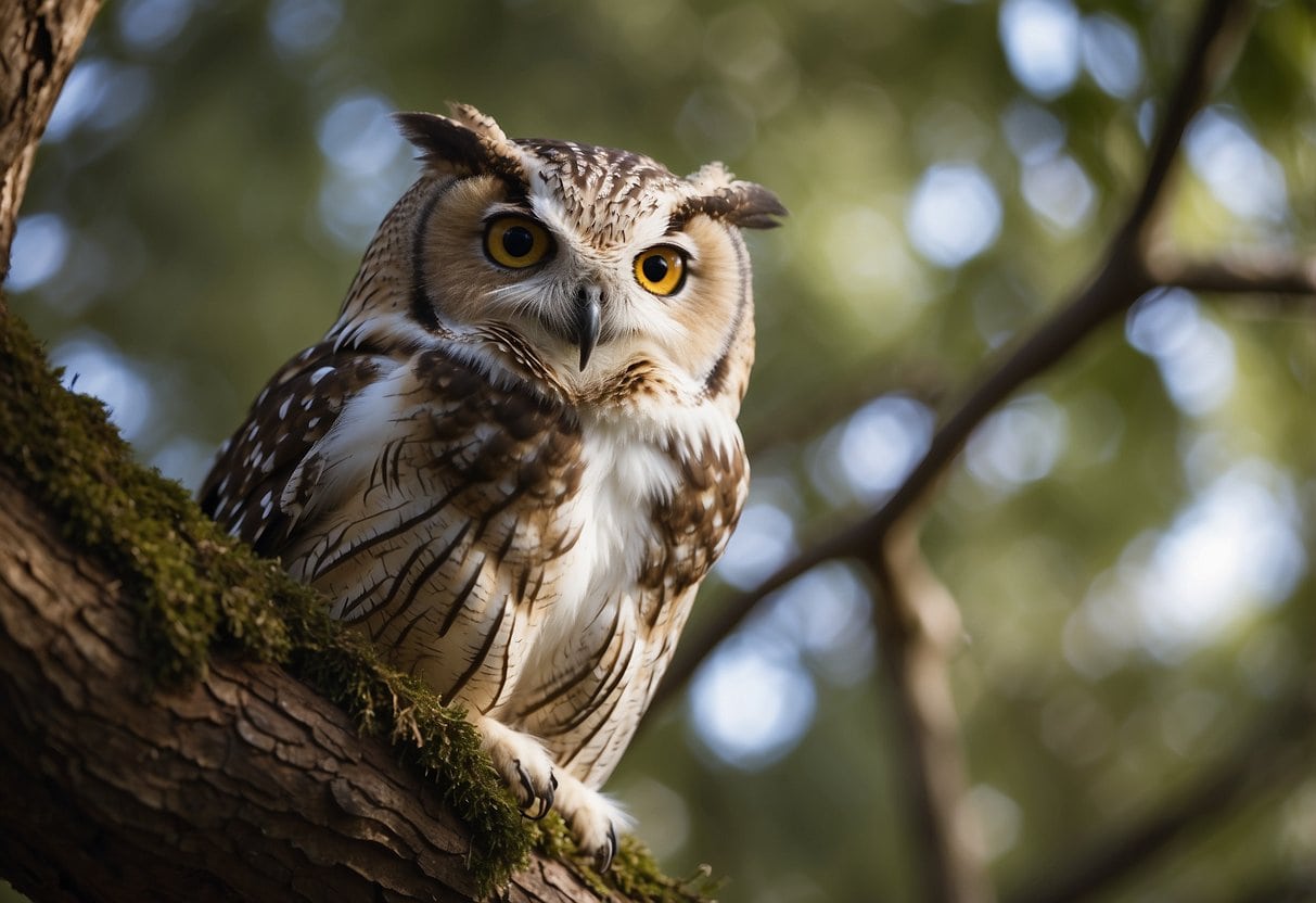 Owls perched on tree branches, eyes wide open in the daylight. Feathers ruffled, they scan the surroundings for prey