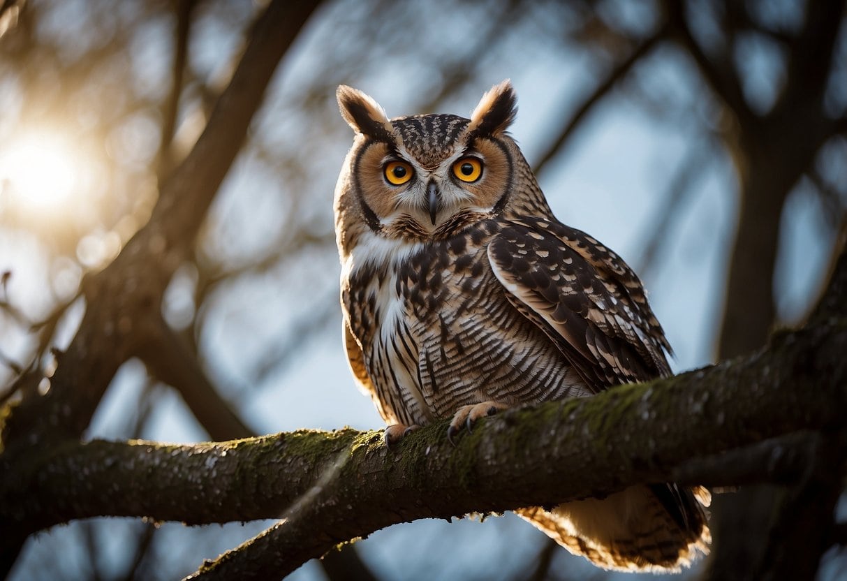 An owl perches on a tree branch, eyes wide open, under the bright sun. Another owl swoops down, hunting, under the moonlit night sky