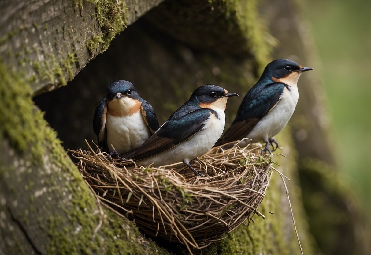 Swallows arrive in the UK, building nests in open habitats. Conservation efforts protect their nesting sites and provide food sources
