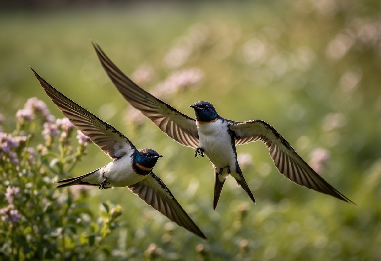 Swallows arrive in the UK, flying in graceful formations, during the spring months, typically in April or May. They are often seen swooping and diving in the sky as they search for insects to feed on