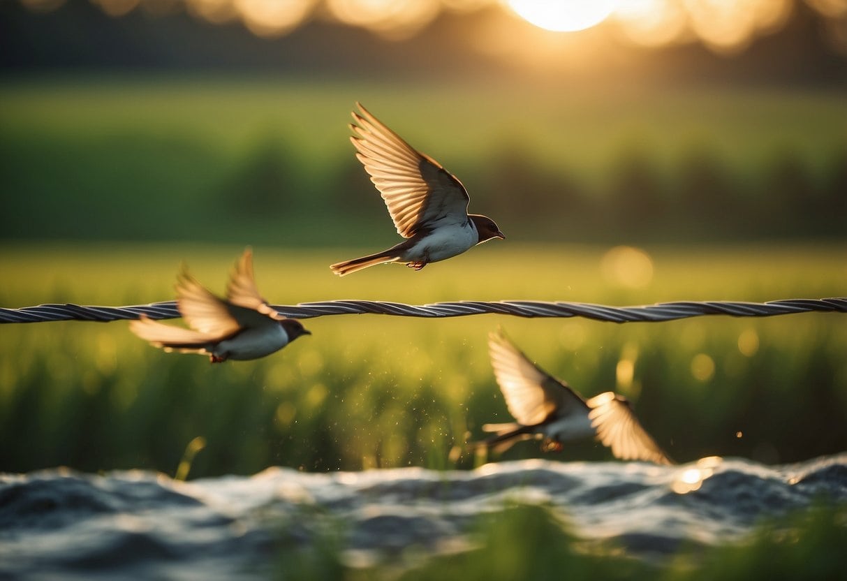 Swallows flying in V-formation over green fields and a winding river, with the sun setting in the background