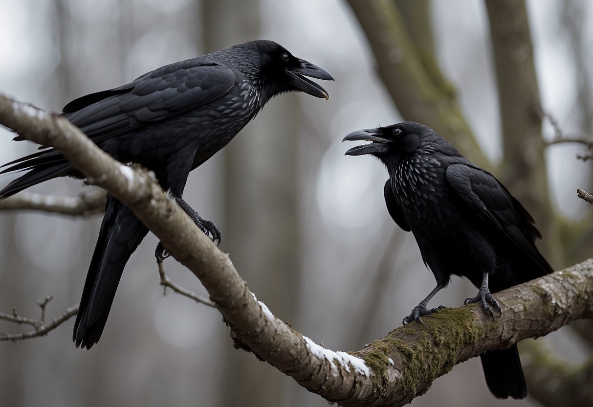 A murder of ravens perched on leafless branches, their glossy black feathers catching the light