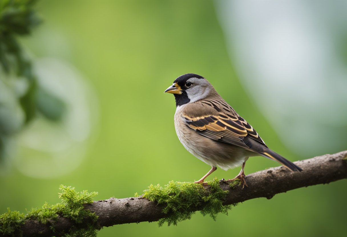 A finch perches on a slender branch, its bright plumage contrasting with the green leaves. Nearby, a sparrow hops on the ground, its brown feathers blending in with the earth
