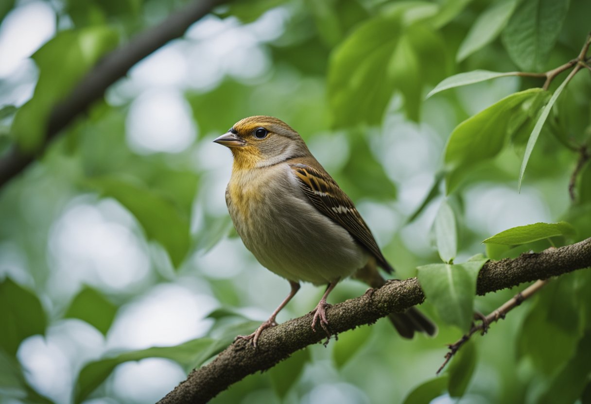 A finch perched on a tree branch, surrounded by lush green foliage. A sparrow hops on the ground below, amidst scattered fallen leaves